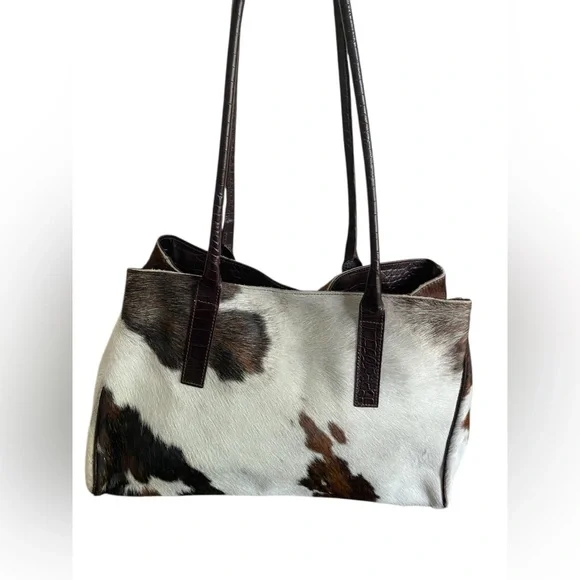 Maurizio Taiuti Cowhide Tote in White and Brown with Dark Brown Trim - Picture 1 of 13